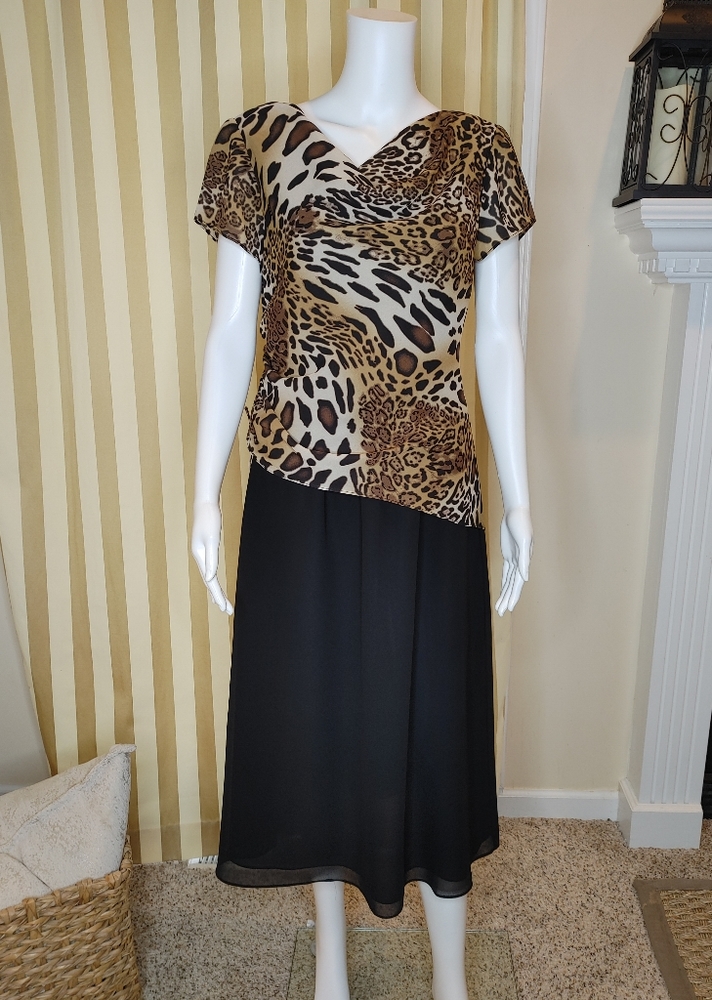 JULIAN TAYLOR LEOPARD PRINT SIDE CINCH DRESS, TAN/BLACK 10P